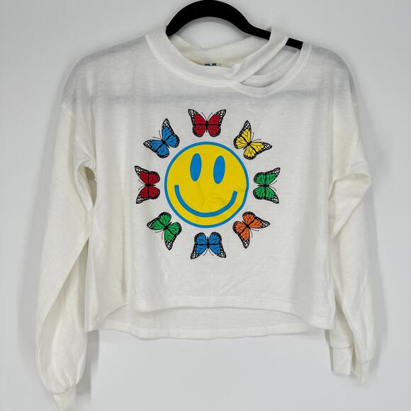 Vintage Havana Rainbow Smiley Face Butterly Y2K Cropped Sweater Womens Medium - Picture 1 of 7